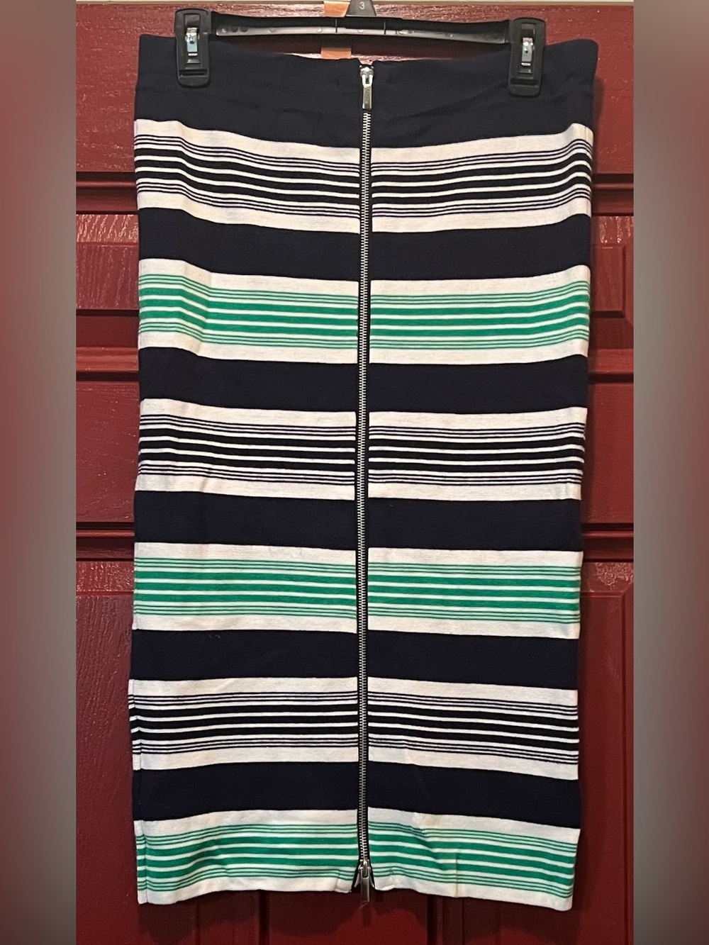 New York & Company Navy, White & Green Striped Zip-Front Pencil Skirt